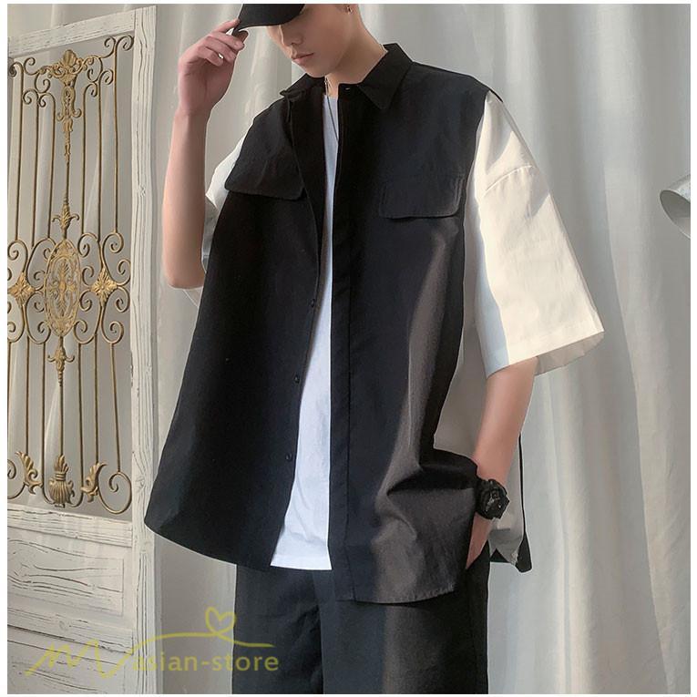 シャツ | ライトアウター メンズ ワイドカジュアル 切り替え トップス ゆったり 5分袖 韓国風 カッコウイイ ゆる夏コーデ オーバーサイズ 大きいサイズ