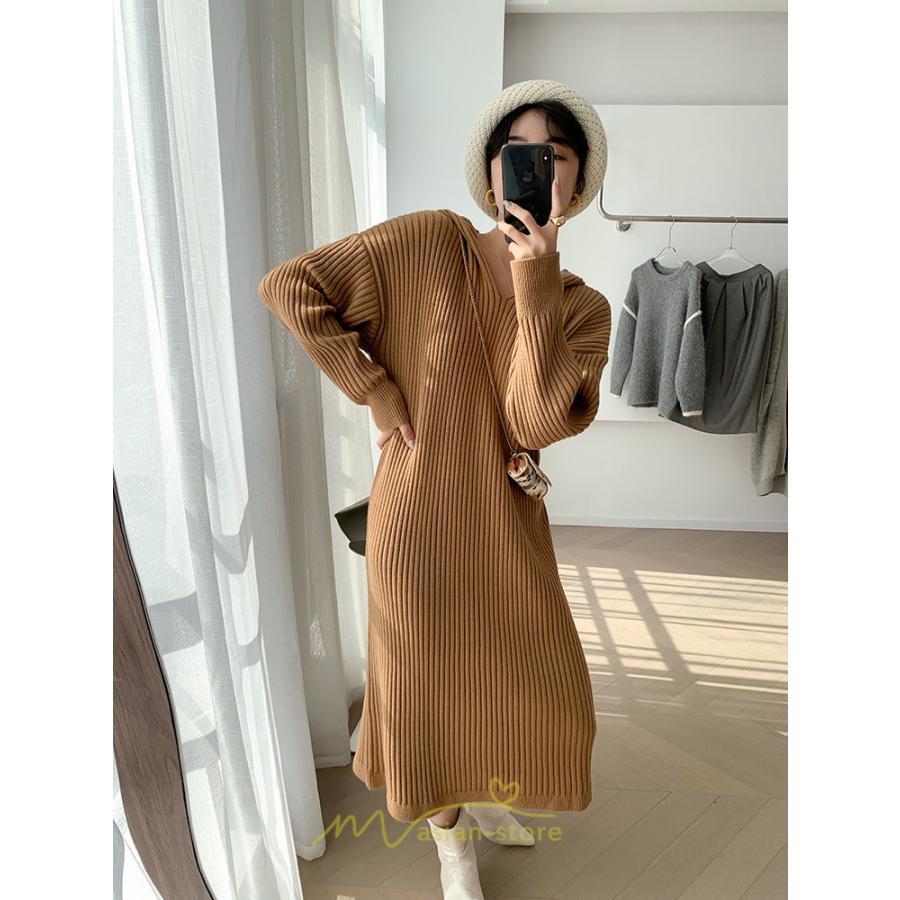 ニットワンピース | ワンピース 春 春服 レディース 長袖 ゆったり 秋 冬 ロング丈 可愛い おしゃれ 韓国風 着痩せ お出かけ 暖か 体型カバー 韓国ファッション