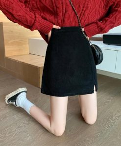 タイトスカート | ミニスリット入り Aラインスカート コーデュロイ ハイウエスト 台形美脚 スカート