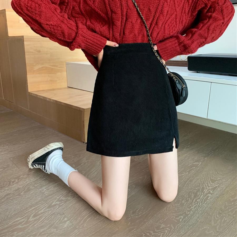 タイトスカート | ミニスリット入り Aラインスカート コーデュロイ ハイウエスト 台形美脚 スカート