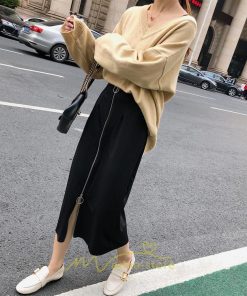 スカート | レディース タイト膝丈ストレッチ ジップアップ ボトムス ファスナー ブラック 無地 シンプル 伸縮性ある生地 膝下丈