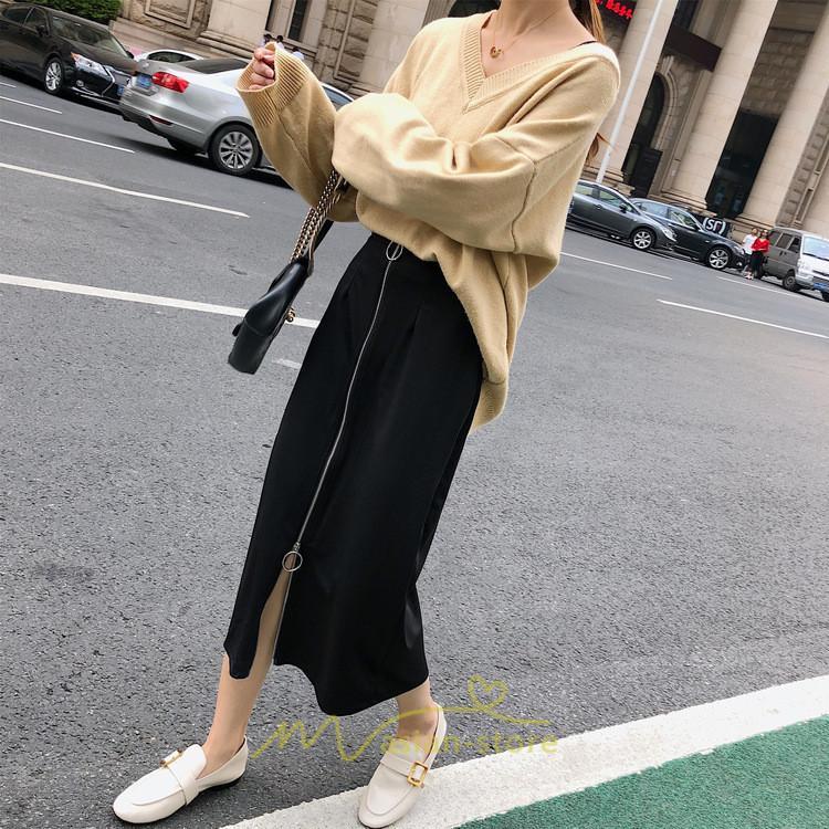 スカート | レディース タイト膝丈ストレッチ ジップアップ ボトムス ファスナー ブラック 無地 シンプル 伸縮性ある生地 膝下丈