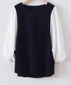 送料無料SALE | ブラウス レディース 切り替え フェイク ストライプ パフスリーブ 無地 黒 白 トップス シャツ 丸ネック 七分袖 夏服 大人 サマー 30代40代 50代 可愛い OL