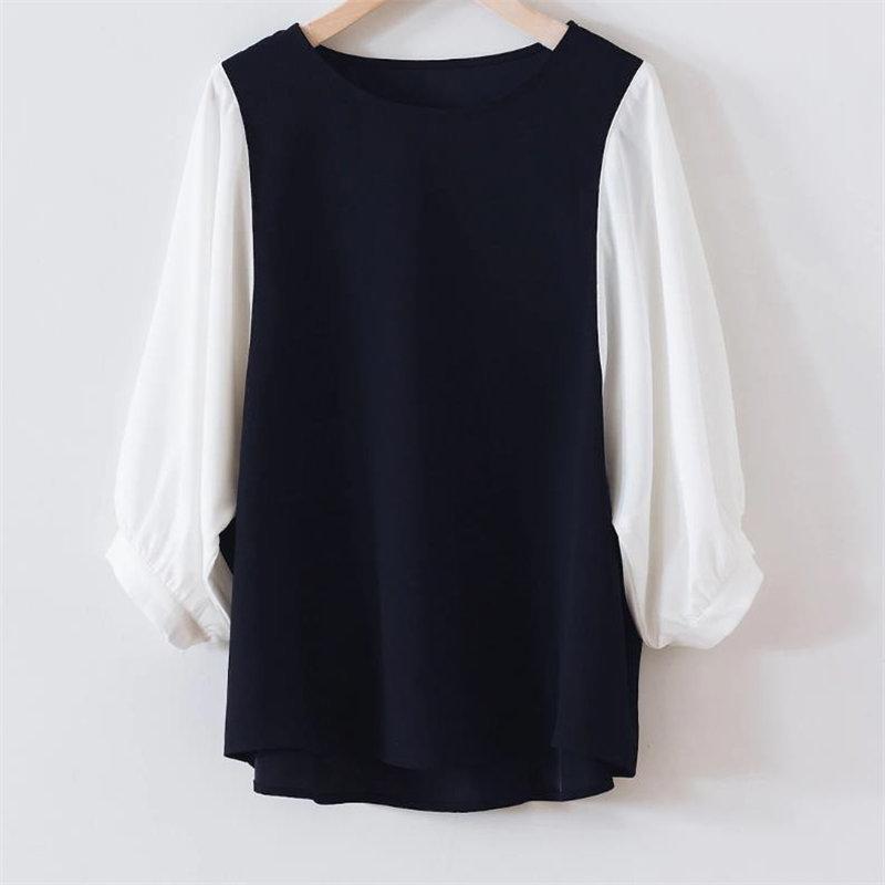 送料無料SALE | ブラウス レディース 切り替え フェイク ストライプ パフスリーブ 無地 黒 白 トップス シャツ 丸ネック 七分袖 夏服 大人 サマー 30代40代 50代 可愛い OL