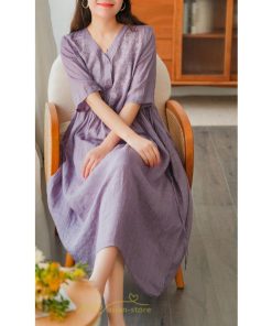 ミディアム | ワンピース レディース 夏新作 半袖 五分袖 ミモレ丈 刺繍 無地 Aラインワンピース ギャザー ゆったり Vネック ウエストリボン付き 調整可 40代 綿麻 30代