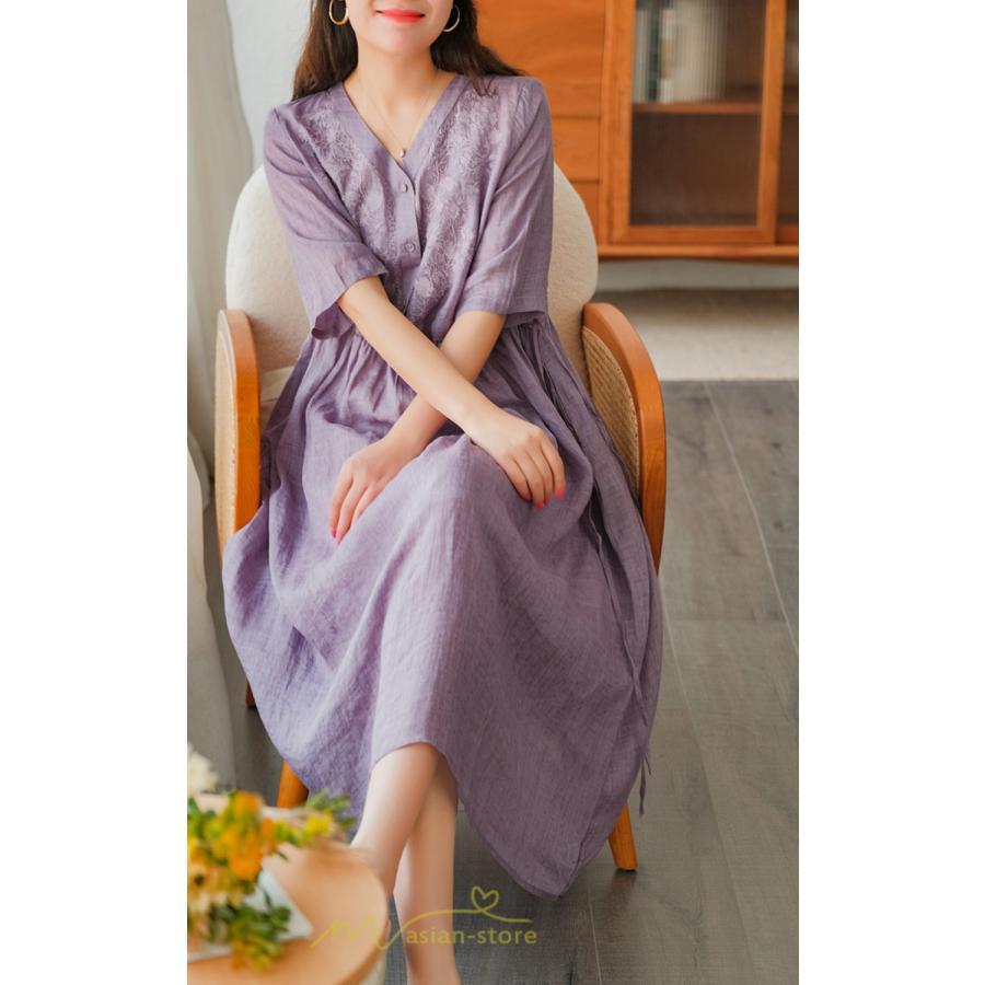 ミディアム | ワンピース レディース 夏新作 半袖 五分袖 ミモレ丈 刺繍 無地 Aラインワンピース ギャザー ゆったり Vネック ウエストリボン付き 調整可 40代 綿麻 30代