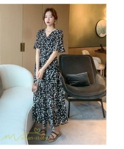 マキシ | ワンピース レディース マキシワンピース 小花柄 Vネック 半袖 5分袖 サマーワンピース シフォン Aラインワンピース 春 エレガント 夏 ウエストゴム ロング丈