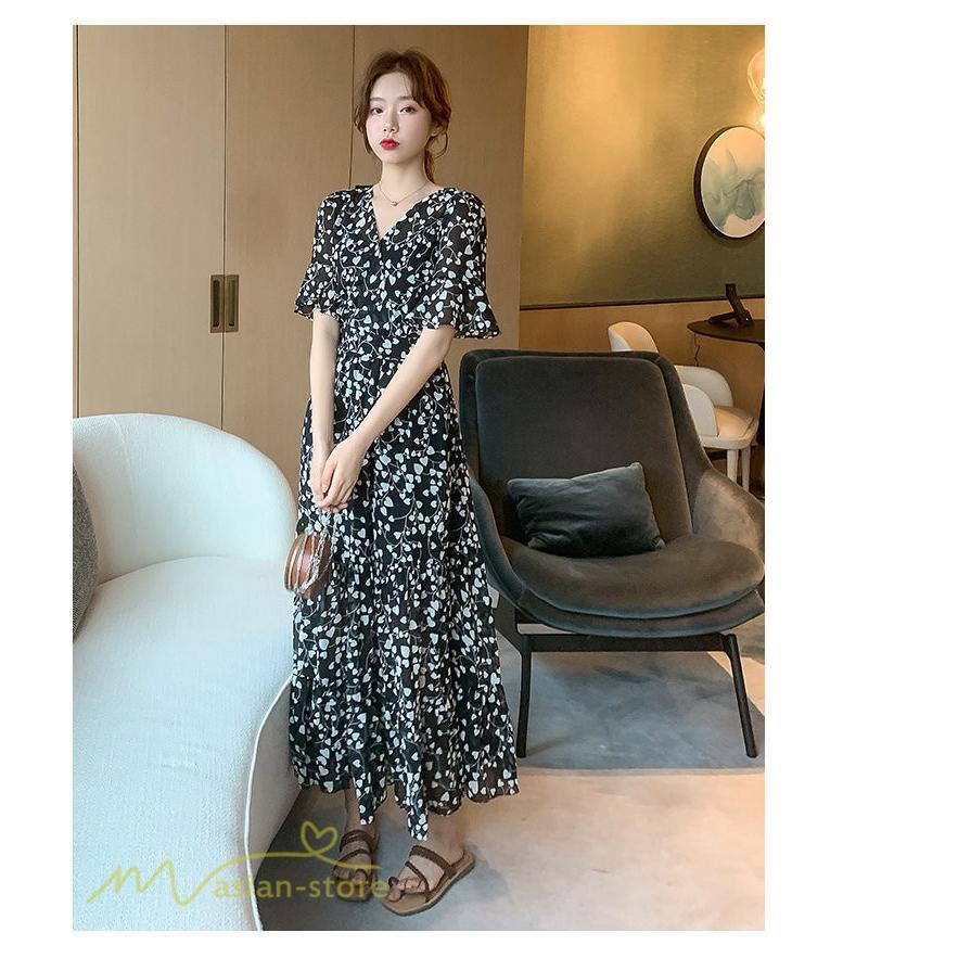 マキシ | ワンピース レディース マキシワンピース 小花柄 Vネック 半袖 5分袖 サマーワンピース シフォン Aラインワンピース 春 エレガント 夏 ウエストゴム ロング丈