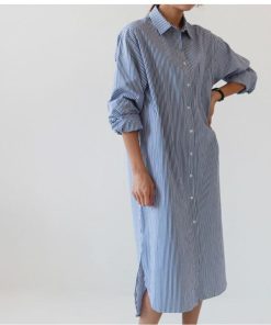 シャツ・ブラウス | 秋服　レディース　秋　ファッション　ロングシャツ ワンピース シャツワンピース ロングワンピース 長袖 20代30代 ゆったり ストライプ 体型カバー