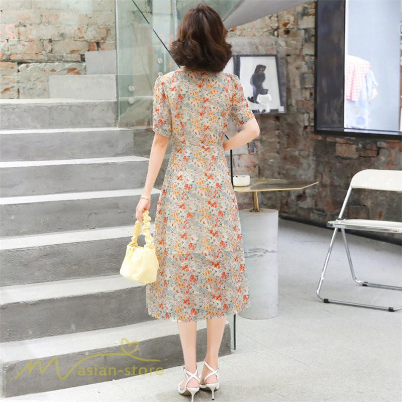 ミディアム | ワンピース Aライン レディース サマーワンピース 花柄 フレア 上品 シフォン 薄手 夏 新作 カジュアル 大人 着痩せ 裾口スリット 上品 おでかえk きれいめ