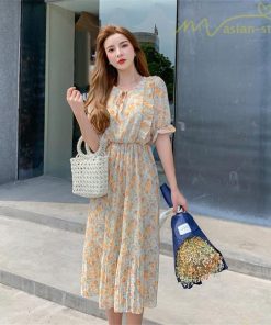 ミディアム | ワンピース プリーツフレア フェミニン Aライン リボンデザイン 小花柄 リゾートワンピ ウエストゴム ハイウエスト 2020新制作 ピンタック 夏コーデ 薄手