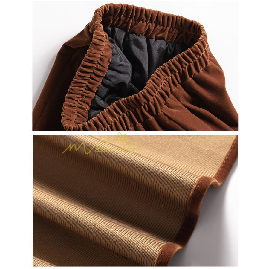 スカート | ロングティアードAラインミモレ丈 フレアビロードウエストゴム ハイウエスト 秋冬 無地 ゆったり