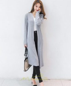 カーディガン | 春物 レディース 無地 カットソー ライトアウター ロング羽織り スリム グレー フェミニン 長袖 柔らか 女の子 20代30代
