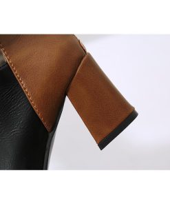 ショートブーツ | 大きいサイズレディース チャンキーヒール ポインテッドトゥ 太ヒール 合皮ブーツ バックファスナー ブーツ 黒ブーツ バイカラー ミドルヒール