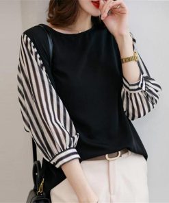 送料無料SALE | ブラウス レディース 切り替え フェイク ストライプ パフスリーブ 無地 黒 白 トップス シャツ 丸ネック 七分袖 夏服 大人 サマー 30代40代 50代 可愛い OL