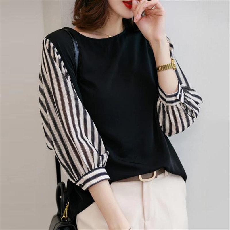 送料無料SALE | ブラウス レディース 切り替え フェイク ストライプ パフスリーブ 無地 黒 白 トップス シャツ 丸ネック 七分袖 夏服 大人 サマー 30代40代 50代 可愛い OL