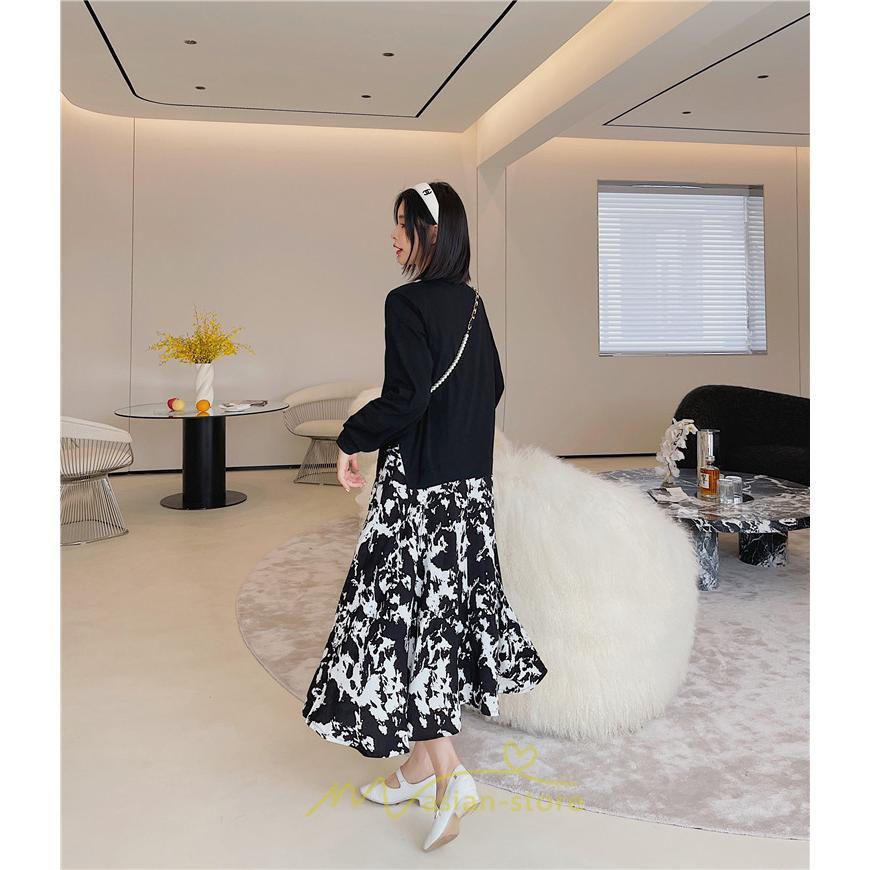 マキシ | ドッキングワンピース 秋 レディース 長袖ワンピース ロングワンピース 切り替えワンピース フェイク レイヤード風 Aラインワンピース お呼ばれワンピース