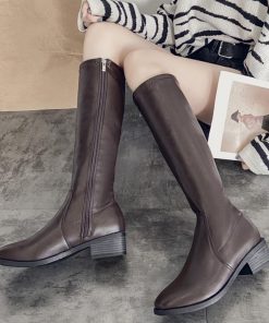 ニーハイブーツ | レディース スクエアトゥ レザー調 春秋冬 ロング丈 美脚 ローヒール 合皮 大人