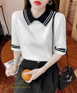 ｔシャツ・カットソー | レディース トップス Tシャツ 着痩せ ニット きれいめ 女性着 ポロ 着回し 学院風 5分袖 可愛い 配色切替 上品 サマー風 20代 アウトドア 夏コーデ 新作 人気