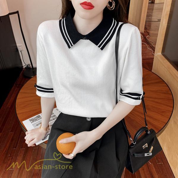 tシャツ・カットソー | レディース トップス Tシャツ 着痩せ ニット きれいめ 女性着 ポロ 着回し 学院風 5分袖 可愛い 配色切替 上品 サマー風 20代 アウトドア 夏コーデ 新作 人気