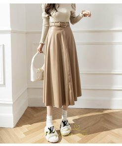 スカート | レザーフレアロング レディース ベルト付き ボトムス ロングAライン ミモレ丈 かっこいい 着痩せ キレイめ スリット