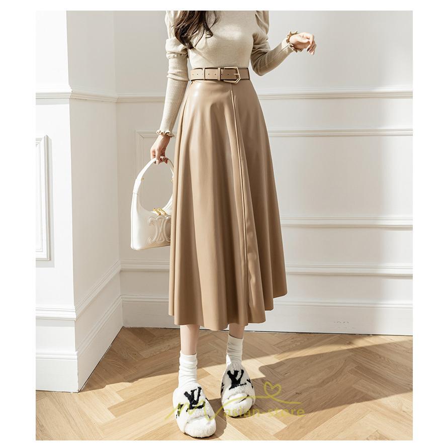 スカート | レザーフレアロング レディース ベルト付き ボトムス ロングAライン ミモレ丈 かっこいい 着痩せ キレイめ スリット