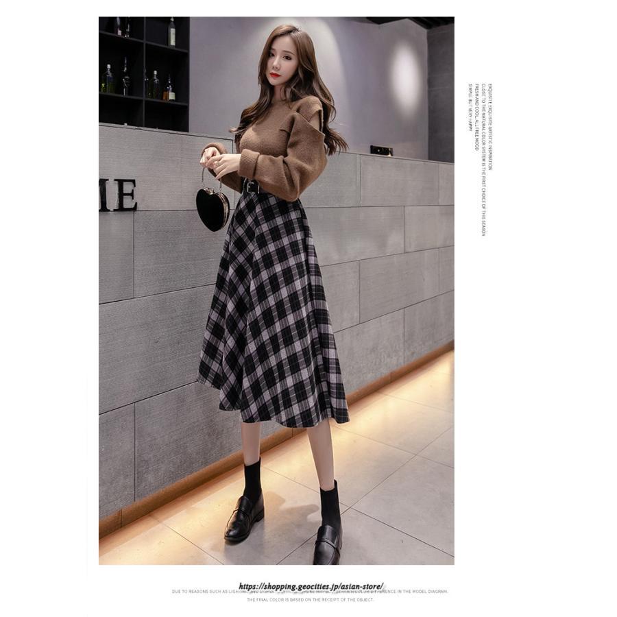 スカート | ロングミモレ レディース フレア Aライン ハイウエスト おしゃれ ゆったり ひざ下 体型カバー チェック柄 ラシャ ベルト付き 30代 20代 40代