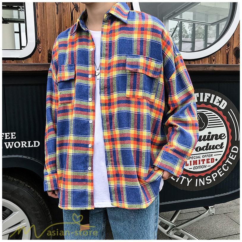 シャツ | ライトアウター 秋服 薄手 メンズ チェック柄 長袖 ポケット 韓国風 カッコウイイ 日常感 ワイドコットン 大きいサイズ トップス 大きいサイズ 男性着