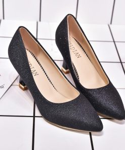 パンプス | キラキラポインテッドトゥ ピンヒール 異素材 スリップオン 紐なし ストラップなし 滑り止めソール 30代 黒 靴 レディース シューズ