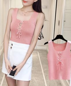 Tシャツ・カットソー | ニットキャミソール レースアップ 春夏 ノースリーブ レディース ニットビスチェ タンクトップ トップス