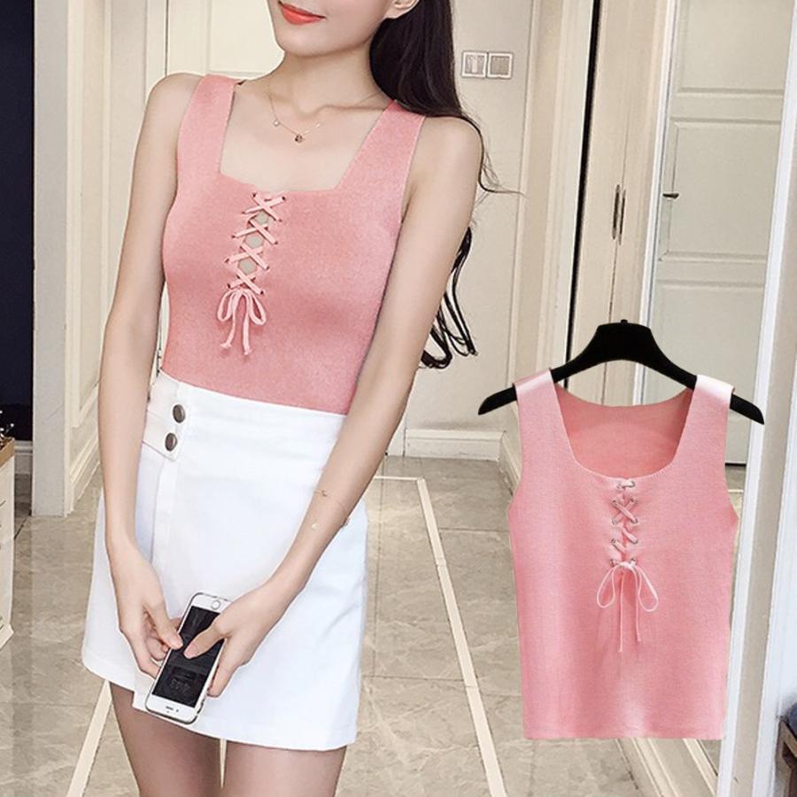 Tシャツ・カットソー | ニットキャミソール レースアップ 春夏 ノースリーブ レディース ニットビスチェ タンクトップ トップス