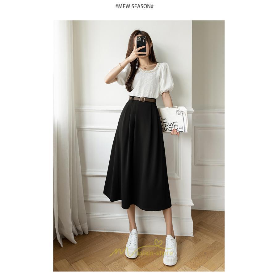 スカート | Aラインミモレ丈 裏地付き ボトムス 春 夏 黒 ベージュ カーキ おしゃれ お呼ばれ ファッション 女子会 カジュアル 無地 デート