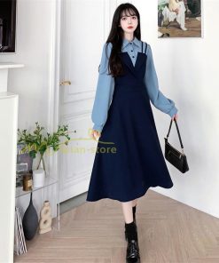 マキシ | ロングワンピース 秋物 レディース ミモレ丈 Aラインワンピース 切り替え フェイク レイヤード風 重ね着風 シャツカラー お呼ばれワンピース 30代40代 着やせ