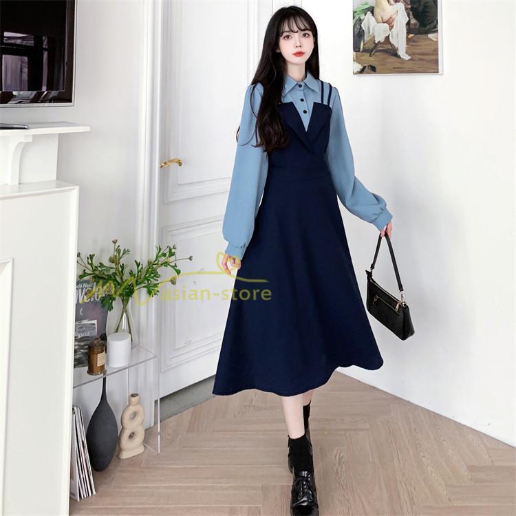 マキシ | ロングワンピース 秋物 レディース ミモレ丈 Aラインワンピース 切り替え フェイク レイヤード風 重ね着風 シャツカラー お呼ばれワンピース 30代40代 着やせ