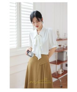 シャツ・ブラウス | シフォンブラウス 半袖 レディース シフォン ブラウス 白 青 フォーマル 開襟 服 バブルスリーブ 蝶結び 着痩せ 春 韓国風 通勤 おしゃれ 女性 上品 夏