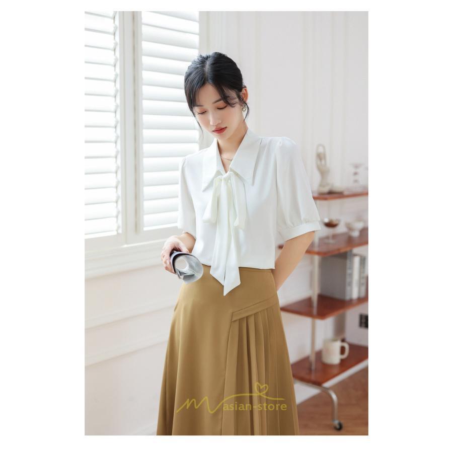 シャツ・ブラウス | シフォンブラウス 半袖 レディース シフォン ブラウス 白 青 フォーマル 開襟 服 バブルスリーブ 蝶結び 着痩せ 春 韓国風 通勤 おしゃれ 女性 上品 夏