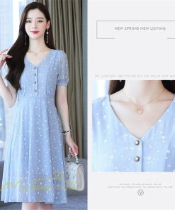 ミディアム | ワンピース レディース 着痩せ 半袖 Vネック カジュアル Aラインワンピース 大きいサイズ 上品 ドット柄 気質 春 新作 サマーワンピース 夏 おしゃれ