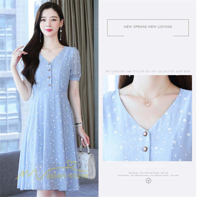 ミディアム | ワンピース レディース 着痩せ 半袖 Vネック カジュアル Aラインワンピース 大きいサイズ 上品 ドット柄 気質 春 新作 サマーワンピース 夏 おしゃれ
