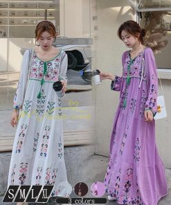 マキシ | ワンピース リゾートワンピ レディース ボヘミア風　休暇 長袖 無地 マキシ丈 復古風 上品 体型カバー  ブラック　パプール 花柄 Vネック 刺繍 ホワイト