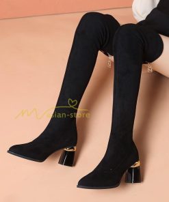 ロングブーツ | ニーハイブーツ スエード調 美脚 秋冬 ストレッチ チャンキーヒール 太ヒール レディース 走れる 黒 美脚 無地 ブーツ ハイヒール