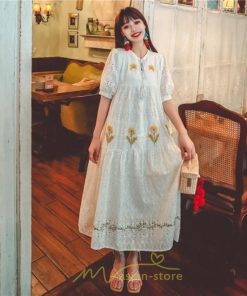 マキシ | ロングワンピース 夏秋 レディース 五分袖 普段着 同窓会 細見せ ハイウエスト コットン レース Aライン 白 紫 刺繍 Vネック キャンプ 旅行 上品 鎖骨 華奢魅せ