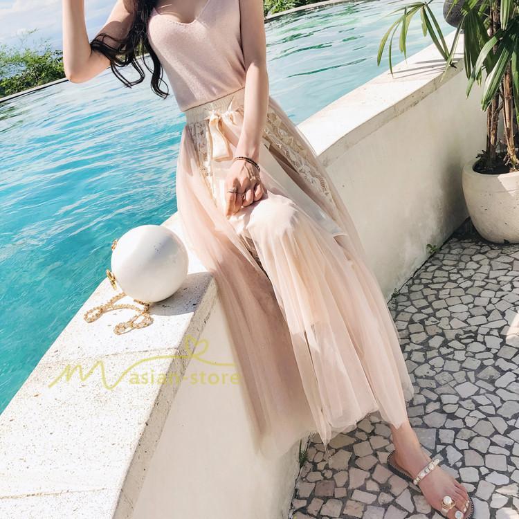 スカート | フレア チュールレディース ロングウエストゴム 春夏 リボン マキシ ドッキング 20代30代40代 着痩せ カジュアル お出かけ