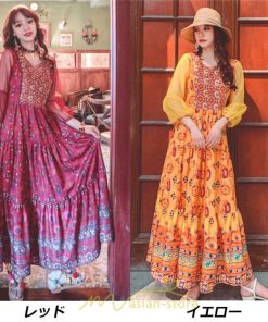 マキシ | マキシ丈ワンピース 夏 リゾート 花柄 ロング丈ワンピース ロング 七分袖 民族風 エスニック風 体型カバー 可愛い おしゃれ フェミニン 着痩せ 上品