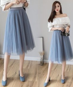 スカート | チュールプリーツウエストゴム 膝丈可愛い ハイウエスト 白 黒 10色 レディース OL 通学通勤 無地 春夏秋 裏地付き