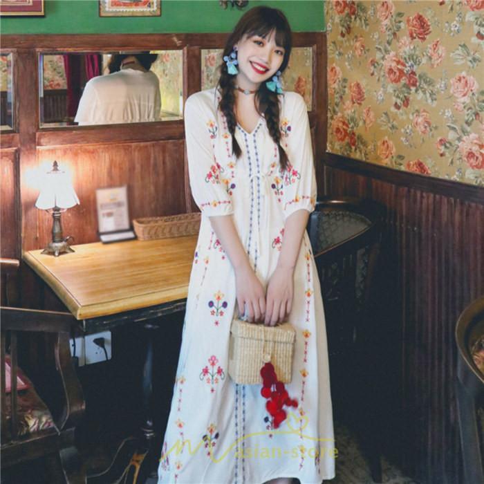 マキシ | ロング丈ワンピース レディース 花柄 Aライン 七分袖 ロング丈 ゆるシンプル きれいめ Vネック カジュアル 細見え 白 リゾート 黄色 上品 華やか 旅行