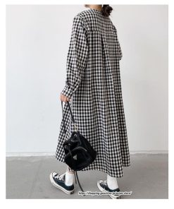マキシ | 長袖ワンピース チェック柄ワンピース ロングワンピース レディース 秋物 ワンピース 楽チン 綿ワンピース 綿シャツワンピ スタンドカラー ゆったり 大きめ