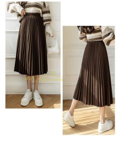 スカート | プリーツロングミモレ丈 Aラインウエストゴム ハイウエスト 秋冬 無地 ゆったり 大人 通学通勤 プリーツ エレガント