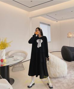 マキシ | 切り替えワンピース 長袖ワンピース 大きいサイズ ゆったり 体型カバー 黒ワンピース プリント ちょう 30代50代 かわいい 秋物 大人40代 レディース