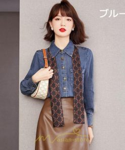 シャツ・ブラウス | デニムシャツ シャツ トップス レディース ブラウス デニム カジュアル リボン レトロ風 通勤 通学 オシャレ ナチュラル 上品 可愛い キレイめ 秋服 2022
