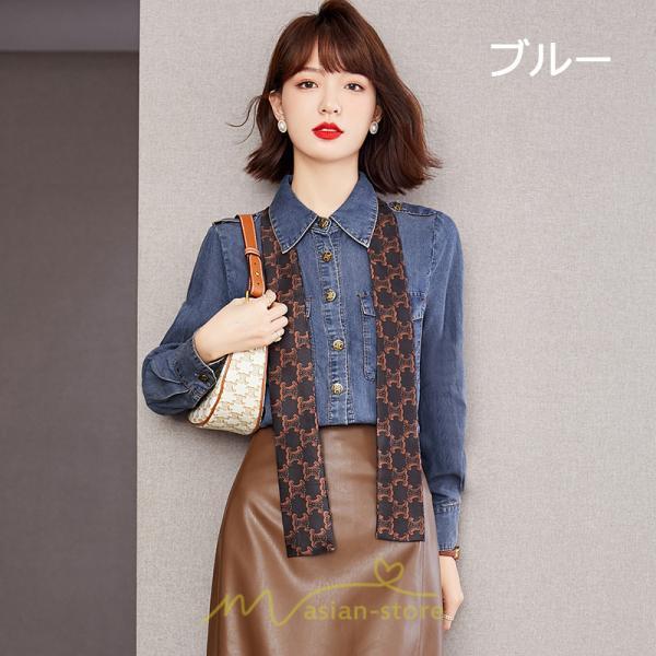 シャツ・ブラウス | デニムシャツ シャツ トップス レディース ブラウス デニム カジュアル リボン レトロ風 通勤 通学 オシャレ ナチュラル 上品 可愛い キレイめ 秋服 2022